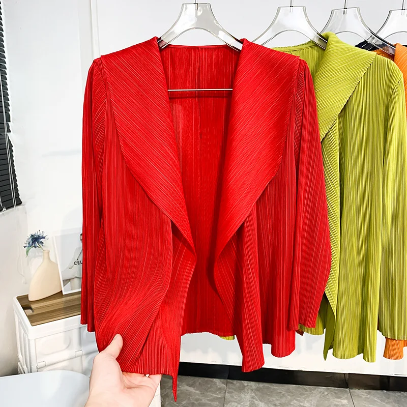 Miyake Pleated Short Jacket 2025 Spring Summer Women's Casual Tops Flap Collar Loose Shopping Peplum Cardigan Tunic Tops