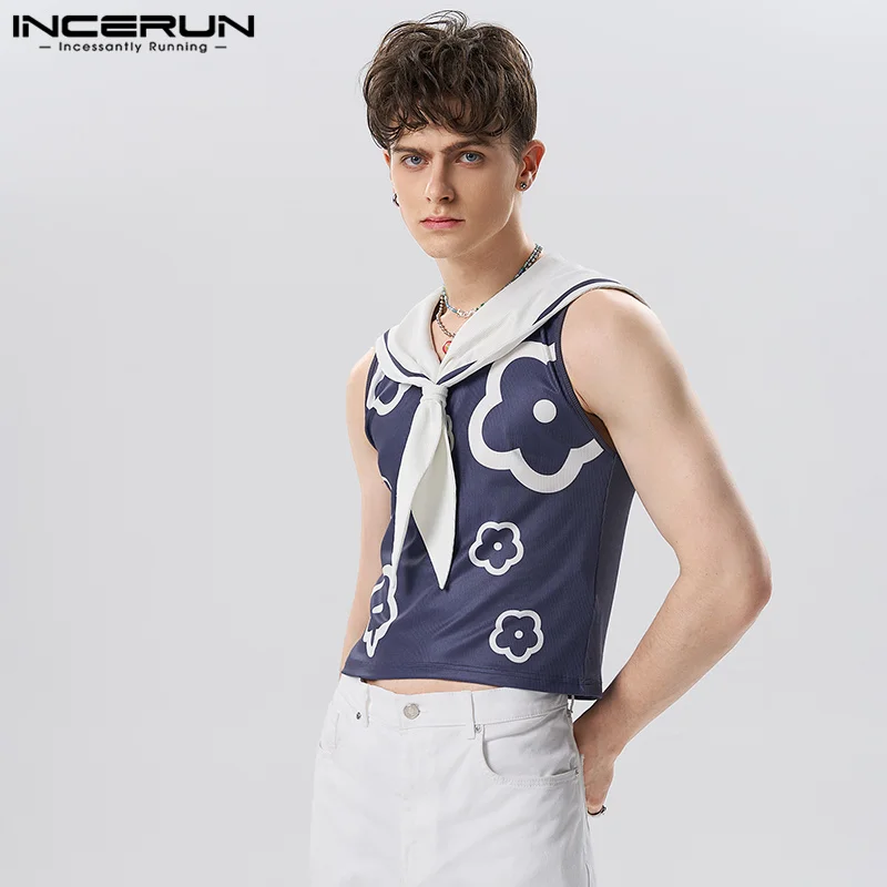 

INCERUN Tops 2023 Nautical Style New Men's Navy Collar Tank Tops Casual Male Loose Strap Funny Printing Pattern Waistcoat S-5XL