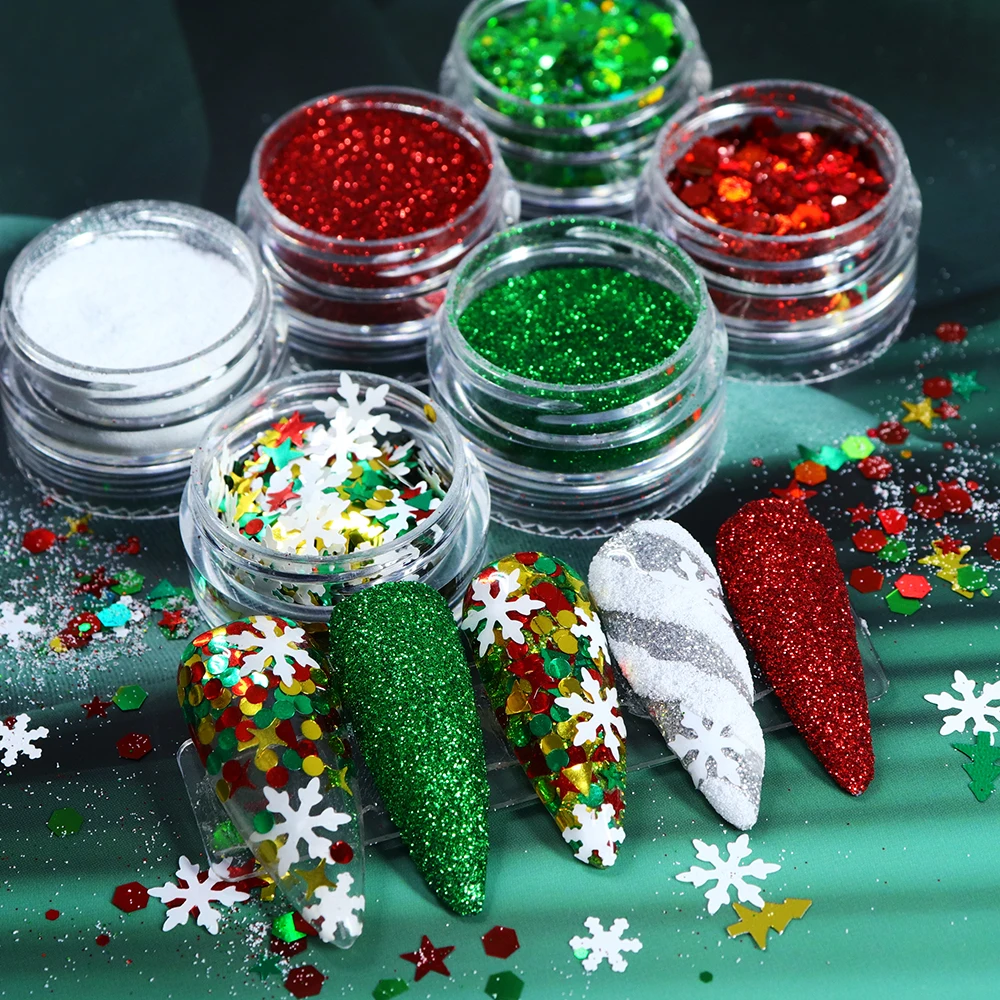 

6Pcs/Set Red Green White Christmas Nail Art Glitter Powder Snowflake Winter Decoration Manicure Accessories for Nail Supplies