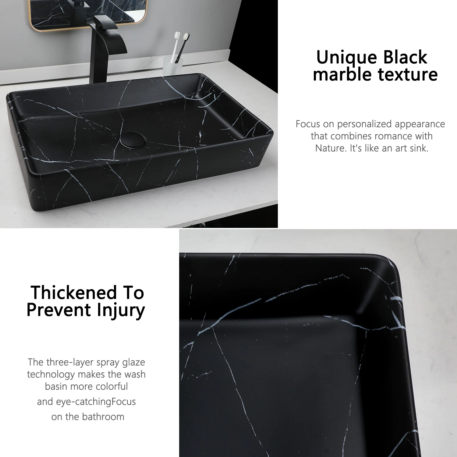 KEMAIDI Black Vanity Sink Rectangle Marble Bathroom Vessel Sink Above Counter Sinks for Bathrooms Porcelain Lavatory Faucet Set 4