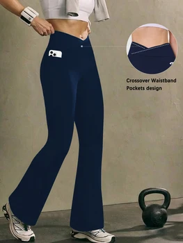 Womens Super Soft Crossover High Waisted Flare Leggings with Pockets Tummy Control Yoga Pants 1