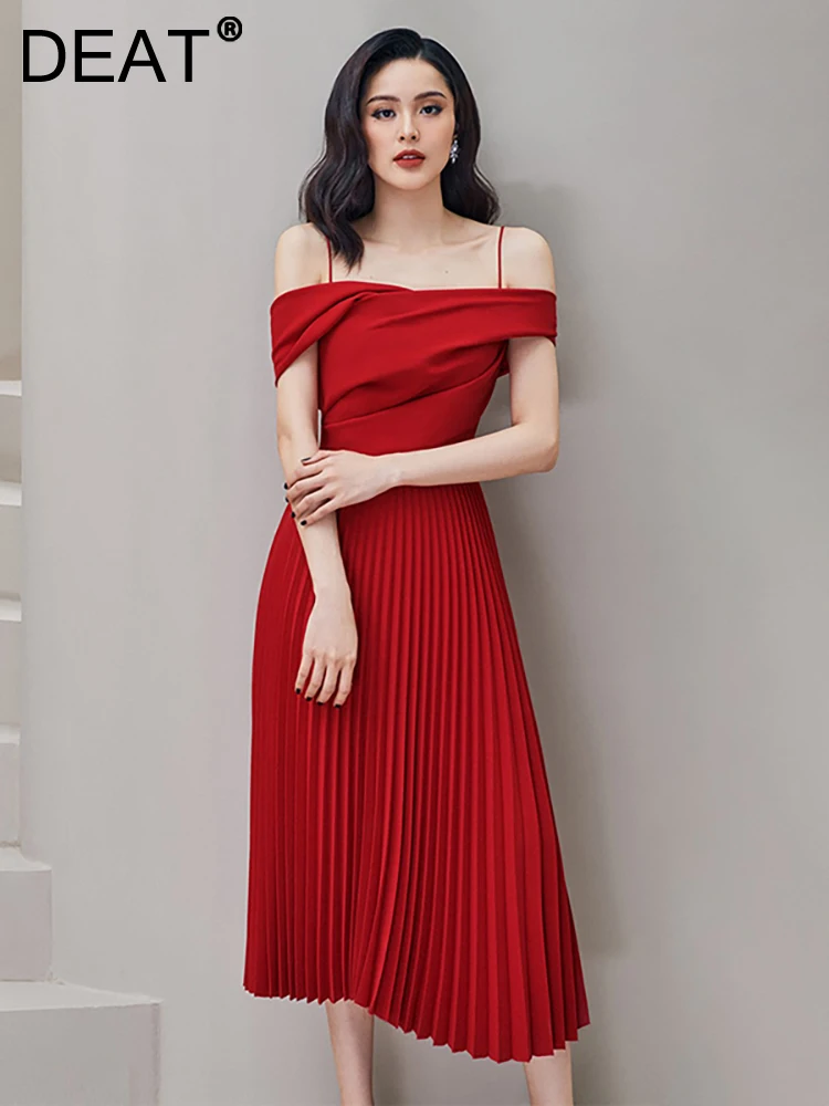 

DEAT Women's Fashion Dress Camisole Slash Neck Pleated Backless Solid Color Sleeveless Female Party Dresses 2023 New 13DB1275