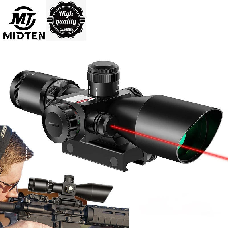 MidTen Rifle 2.5-10x40 Red Laser Scope Sight Mil-dot Tactical Red Green Illuminated Combo Green Lens and 20mm Mounts Hunting