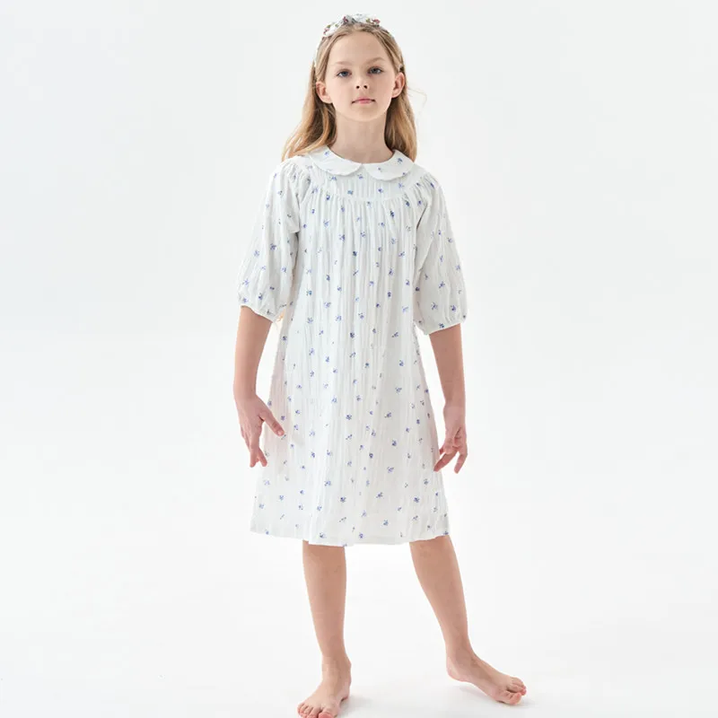 Vestido acampanado de algodón blanco con estampado floral para niños y niñas de 3 a 16 años, vestidos con forro de algodón de manga 3/4