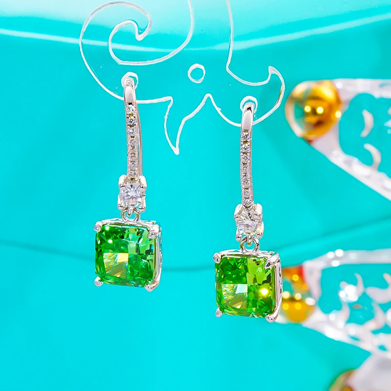 

QINHUAN Green Sapphire Drop Earrings For Women 925 Sterling Silver with Platinum Plated Luxury Jewelry Hoop Earrings Party