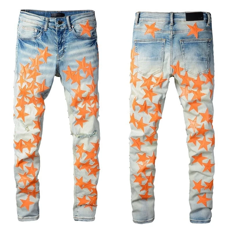 

New Brand Ripped Orange Star Patched Leather Men's Jeans High Street Jeans For Men Personality Stretch Slim Denim Pants