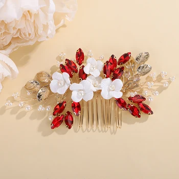 12Color Flower and Leaf Bridal Hair Comb Rhinestone Pearl Wedding Hair Accessories Handmade Headpiece for Women Bride Jewelry