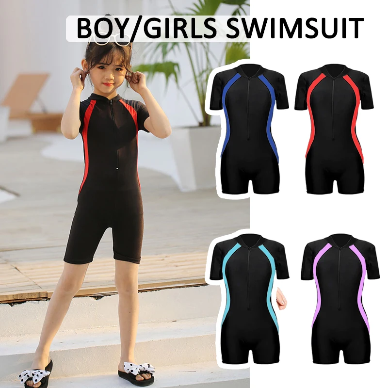 Children Swimwear Swimsuit One Piece Kids Boys Girls One-piece Swimsuit Color Matching Short Sleeve Zipper Diving Suit Bathing Suit Elastic Quick-drying Swimwear
