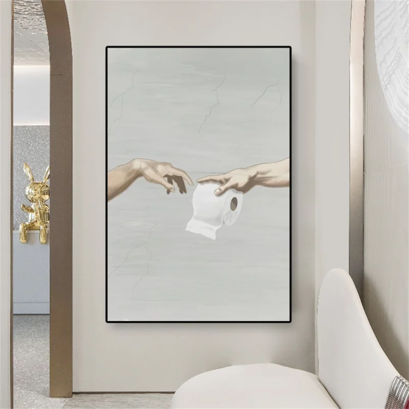 Toilet Paper Hand Sanitizer Funny Hand of God and Adam Mural Poster Prints Canvas Painting Wall Art Decor Wash Room Home Decor