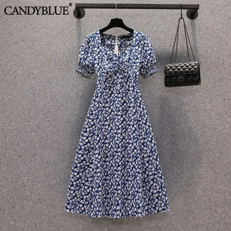 

Spring And Summer New Puff Sleeve Broken Flower Dress Elegant Square Collar Middle Long-Skirt Fashion Dresses For Women 2023