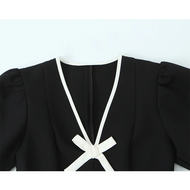 Women Fashion Bow Tied Short Dress 2025 New Street Short Sleeve Deep V neck Mini Dress Elegant Holiday Party Dresses