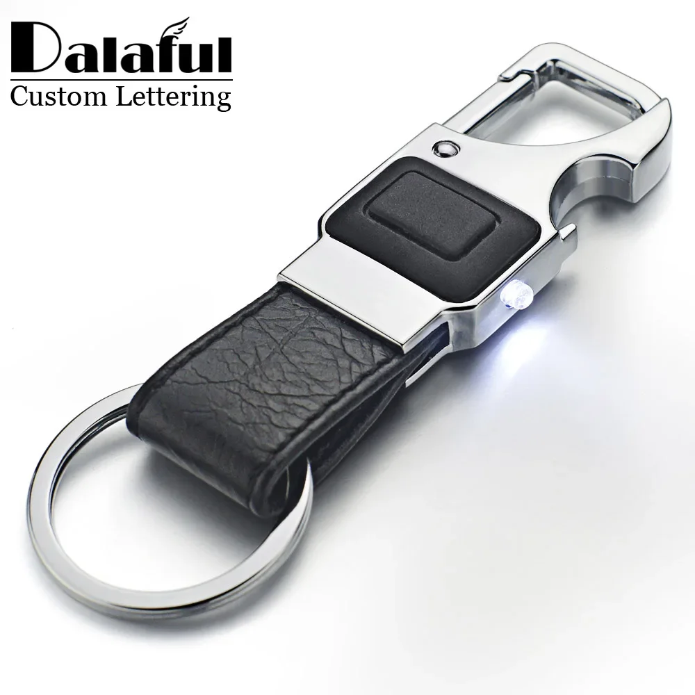 Dalaful Custom Lettering Keychain LED Lights Lamp Beer Opener Bottle Multifunctional Leather Men Car Key Chain Ring Holder K355 led lamp high end jewelry box bracelet necklace ring earring case handmade wedding gift proposal jewelry accessories