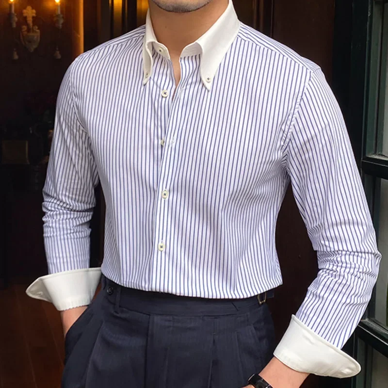 

Contrasting Stripes Button Up Shirt For Men Dress Long Sleeve Shirt Spring Men Gentleman's Business Social Luxury Formal Shirt