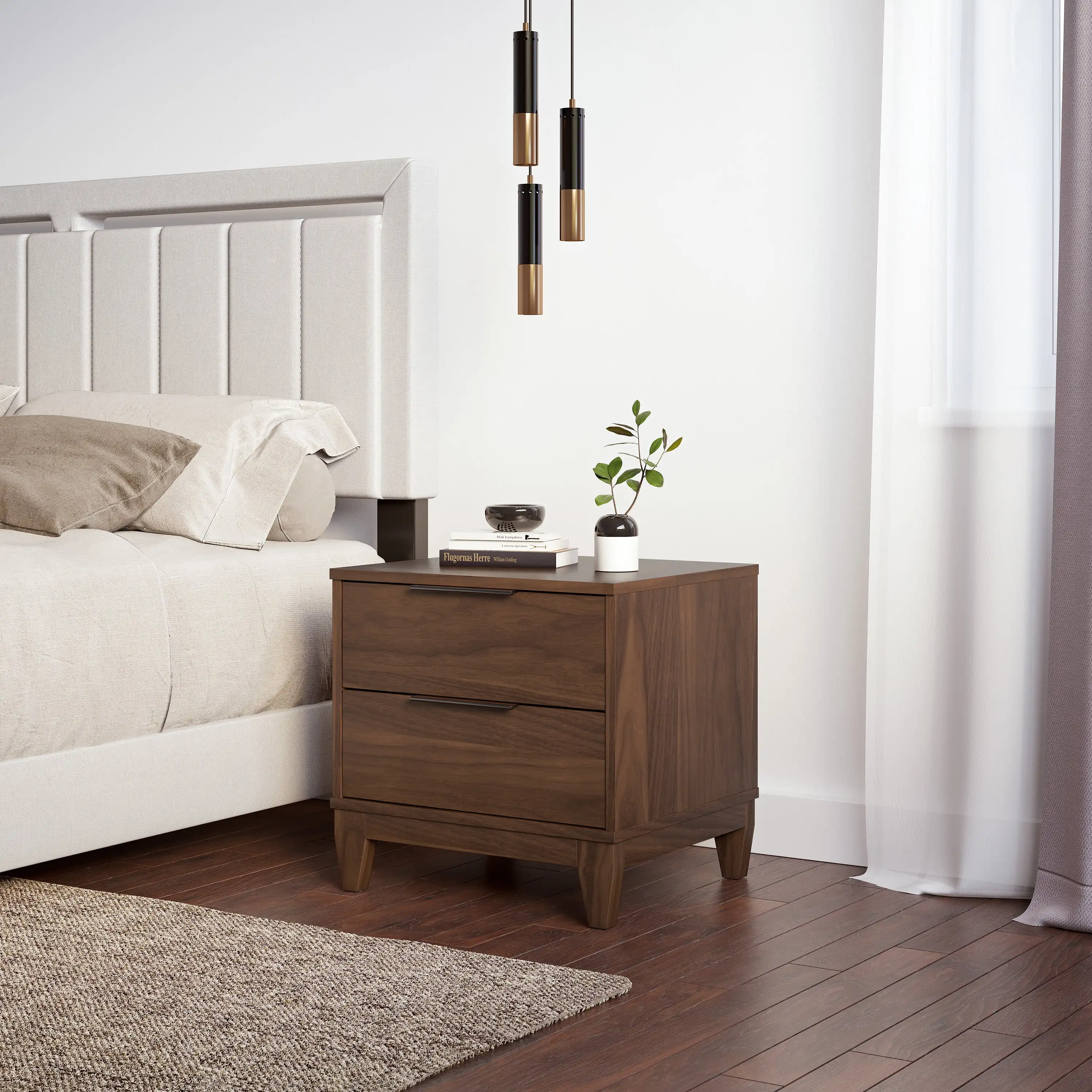 

Boyd Sleep Mackay Modern Double Drawer Nightstand Walnut Wood grain veneer laminated strong and sturdy