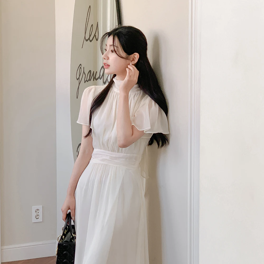 Elegant Solid Midi Dresses for Women Ruffles Half-high Collar A-line Office Lady Casual Korean Fashion Autumn Vestidos Mujer New