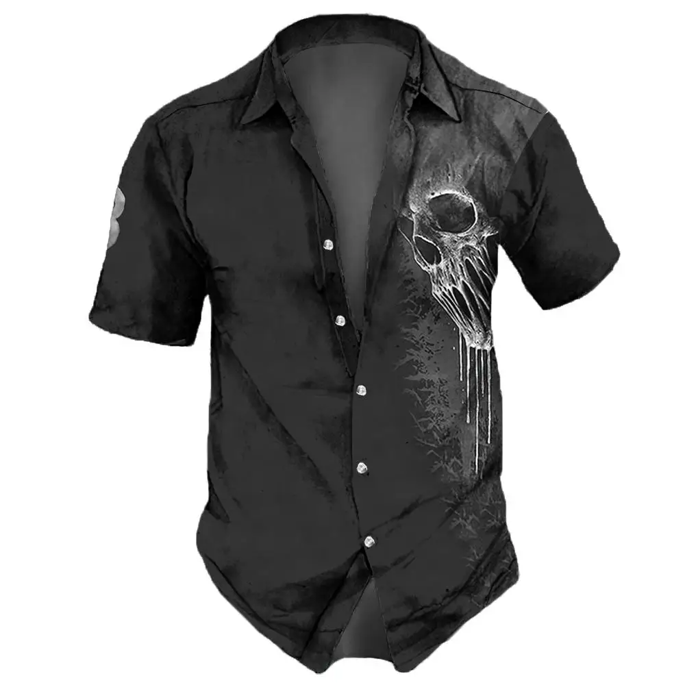 Camisas de calavera para hombre, ropa de calle Vintage con solapa