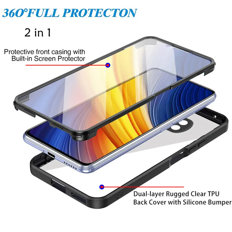 Vollständige Abdeckung Handyhülle für Xiaomi Poco X3 NFC M3 X4 Pro F3 Mi 11 10 Lite 12 12X 11T Pro Transparent 2 in 1 Vorderseite + Rückseite_voghion.com