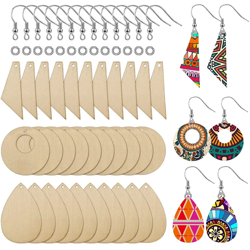 

60Pcs Unfinished Wood Teardrop Triangle Circle Earring Pendant with Hooks Jump Rings for Jewelry DIY Making Kit
