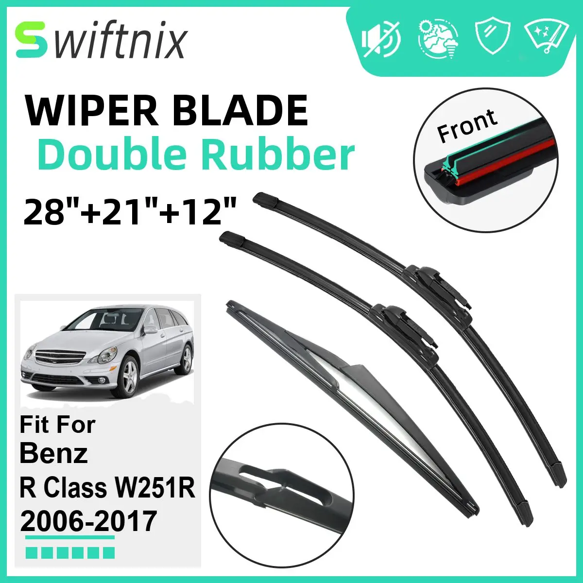 

Двойные резиновые автомобильные дворники для Benz R Class W251R 2006-2017, стеклоочистители, резиновые автомобильные аксессуары 2014, 2015, 2016, 2017