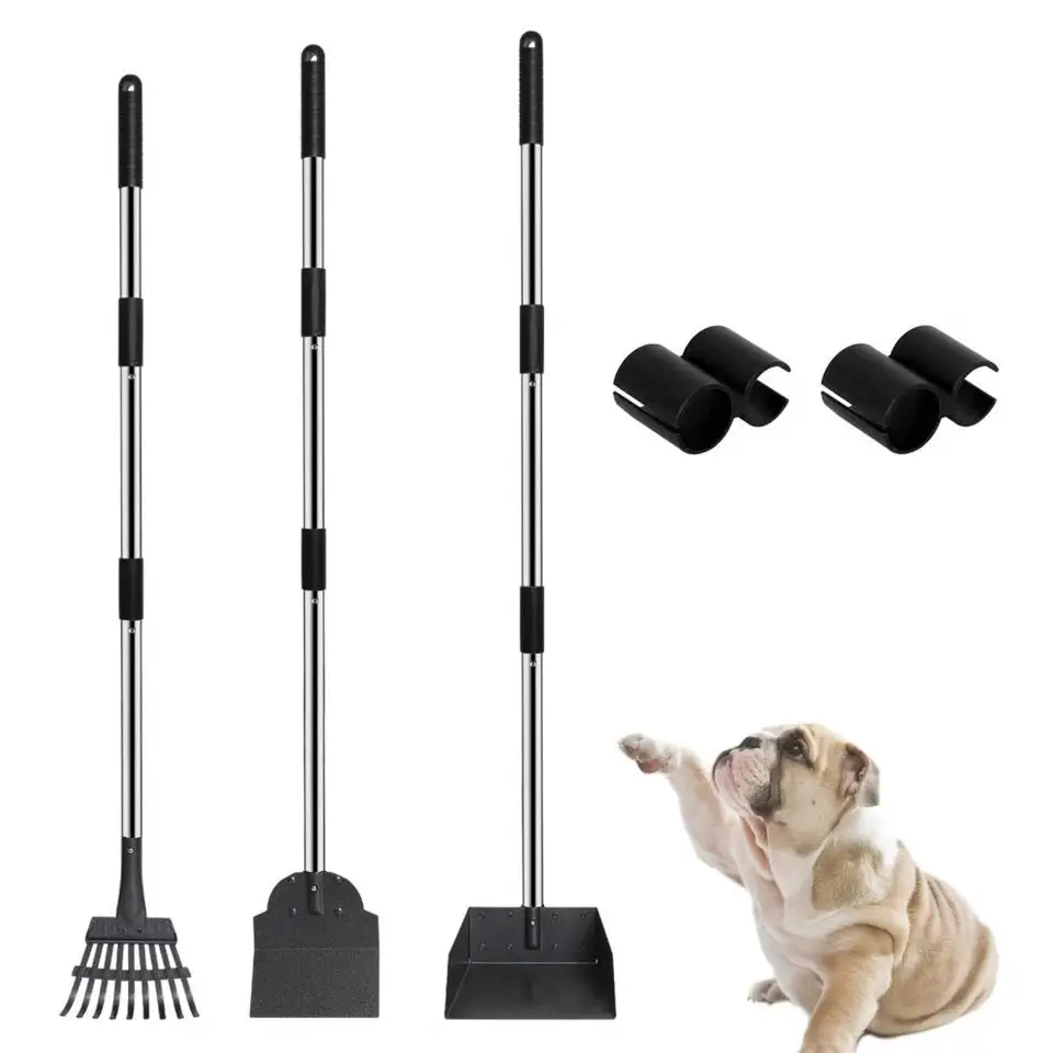 Dog Pooper Scooper - 37.4" Long Handle Adjustable Metal Swivel Bin & Rake & Spade Kit With 20 Waste Bags, Portable Pooper Scooper For Gravel Lawn Grass, Suit For Small Medium Large