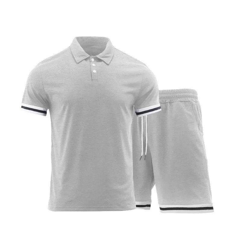 Men's 2 Pieces Outfits, Stripe Cuff Custom Fit Shirt And Plain Drawstring Waistband Stripe Hem Shorts Set