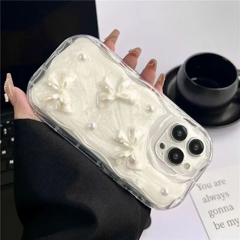Chic 3D Pearl Bow Wavy Phone Case - Soft Shockproof Bumper Protective Cover