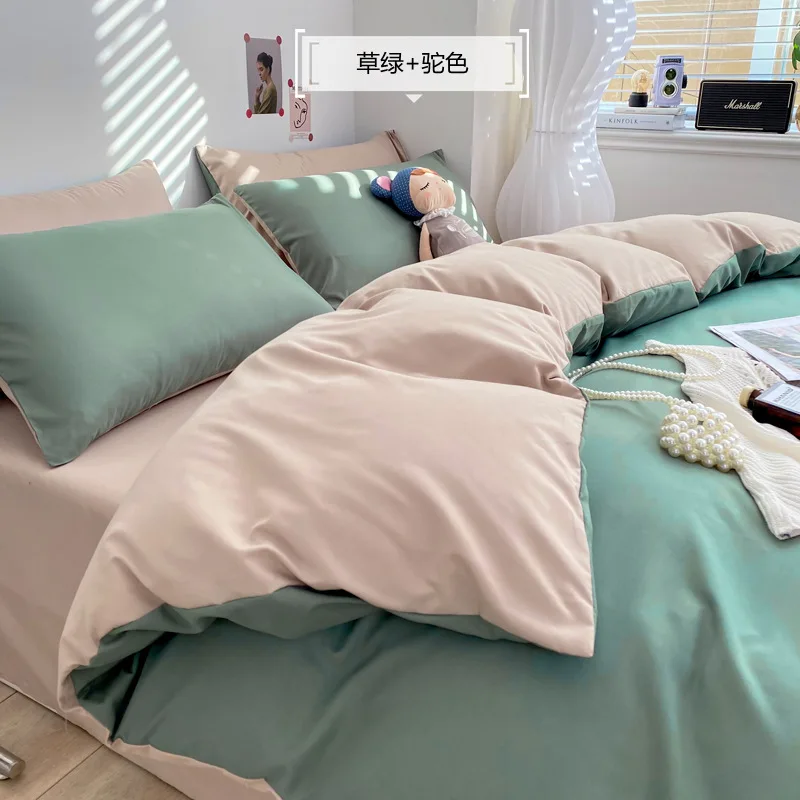 

Solid Color Four Piece Bedding Washed Cotton Japanese Simple Brushed Bed Sheet Quilt Cover Wholesale Dormitory Four Piece Set
