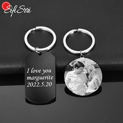 Sifisrri Personalized Engraved Photo Name Date Keychain for Women Stainless Steel Key Ring Drive Safe Family DIY Jewelry Gift