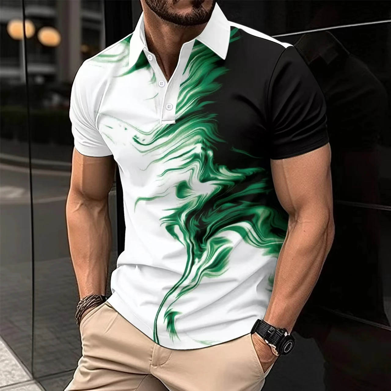

POLO shirt for men's fashionable color contrast short sleeved flame bouquet decoration casual lapel men's top clothing