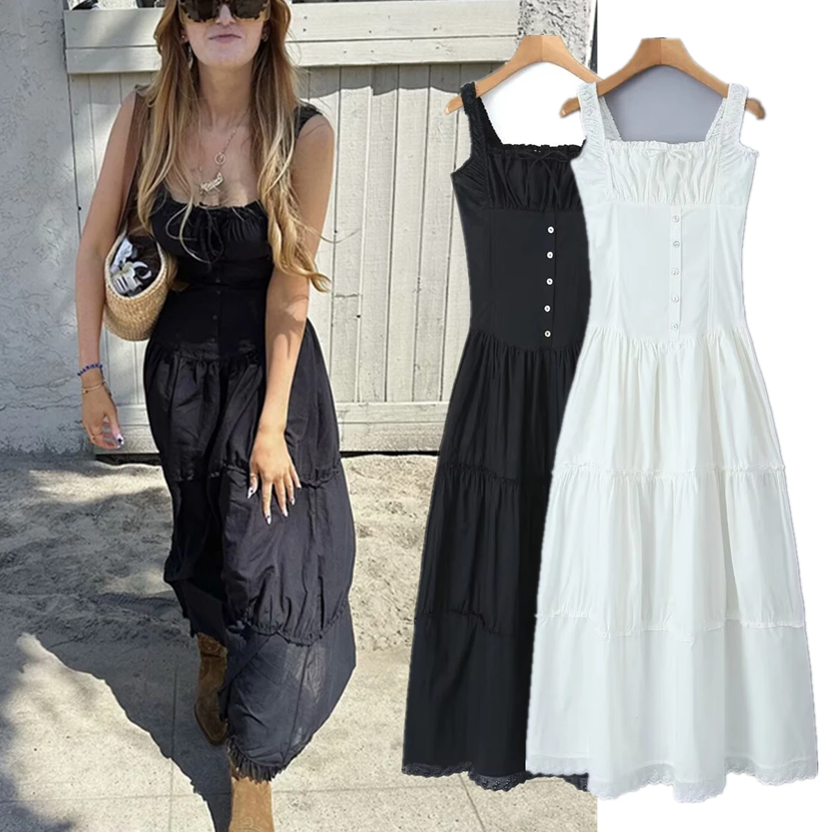 Dave&Di Summer Dress Women French Vacation Style Camisole Tank Dress Cotton Cascading Party Casual Dress