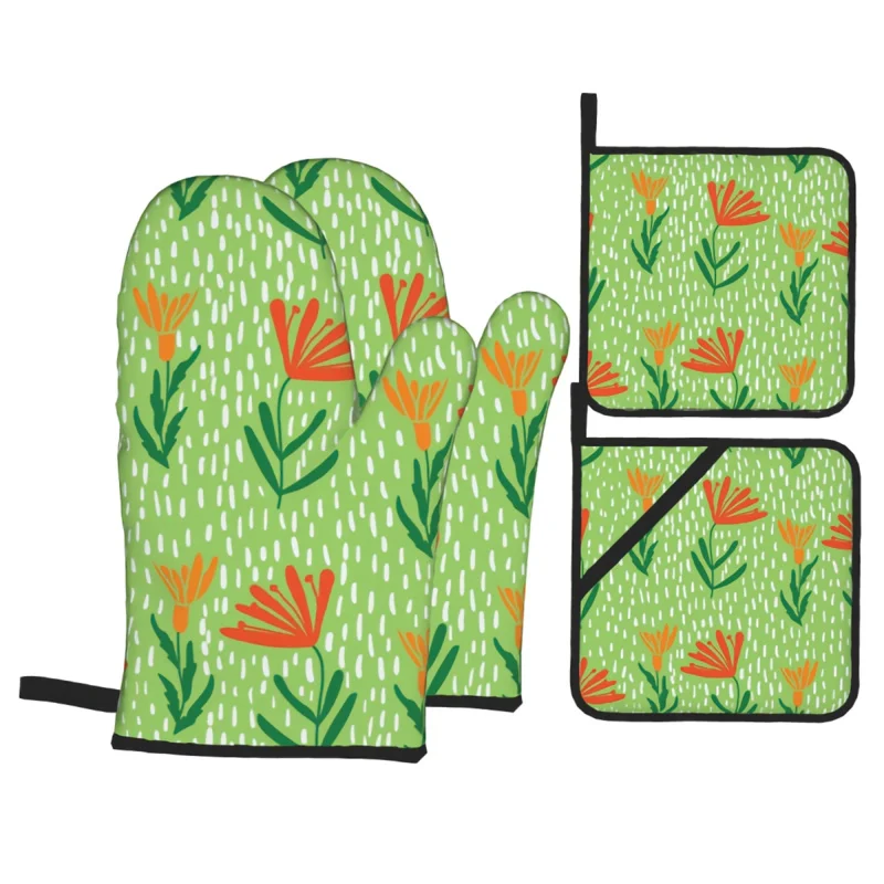 

Beautiful Floral Print Oven Mitts and Pot Holders Sets Funny Printed Oven Gloves for Safe BBQ Cooking Baking Grilling Set of 4