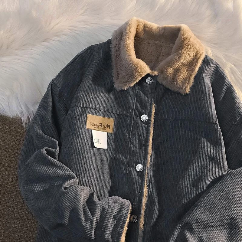 

Уличная Вельветовая куртка с отложным воротником в Корейском стиле для мужчин и женщин на осень и зиму парный тренд индивидуальный плюшевый Повседневный Топ y2k