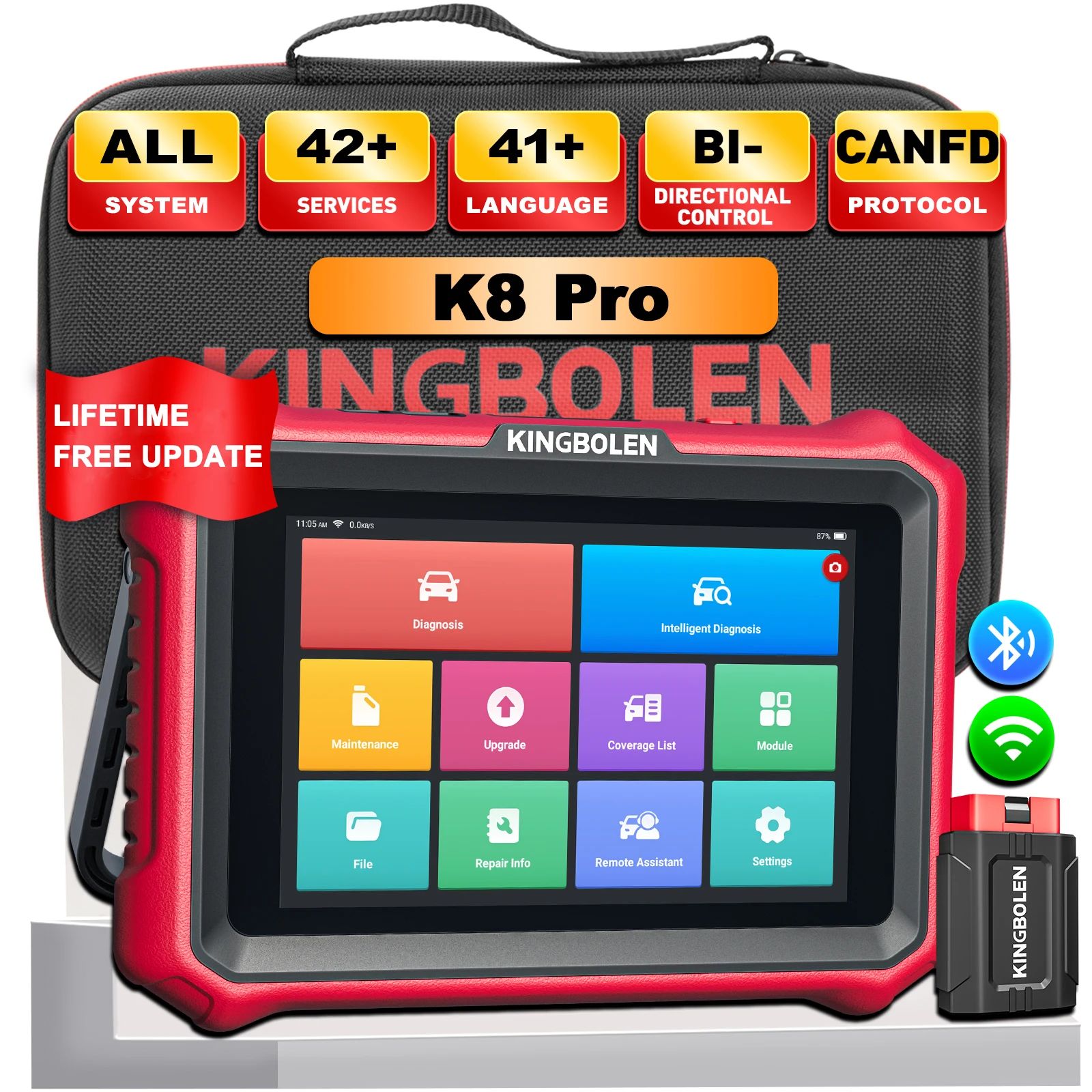 Escáner KINGBOLEN K8 Pro OBD2 para todos los sistemas con más de 42 reinicios, códigos ECU, control bidireccional, CANFD y DOIP, actualización gratuita de por vida