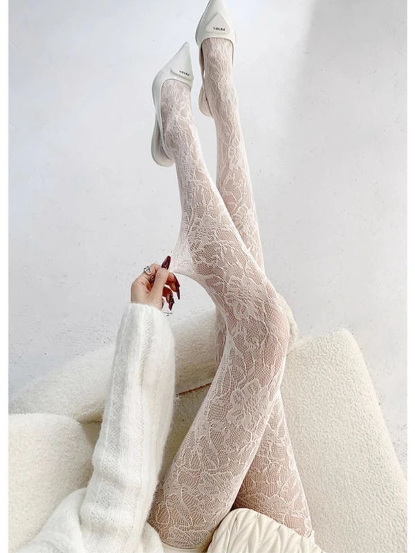 White Socks Women Sexy Fishnet Stockings Femme Summer Thin Flower Mesh Pantyhose Elastic Slimming High Waist Hollow Out Tights
