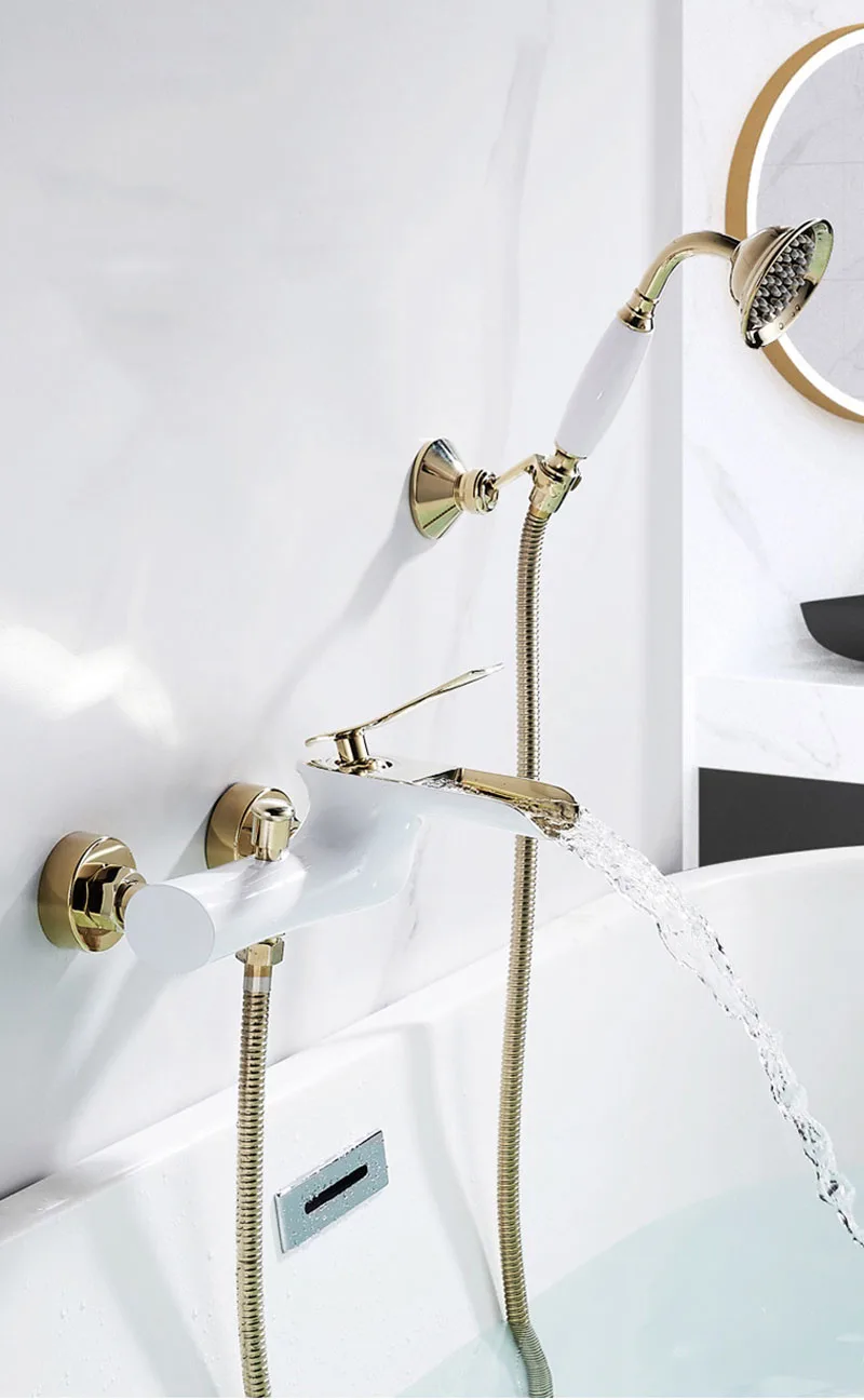 Description Picture 2 of itemBath And Shower Faucet Set Waterfall Brass White Gold Simple Shower Hot and Cold Faucet Wall Mounted Bathroom Mixer Set