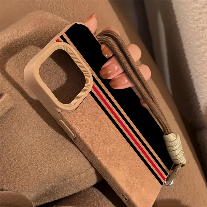 Luxury Black and Red Stripe Leather Wrist Strap Phone Case with Lanyard Feature