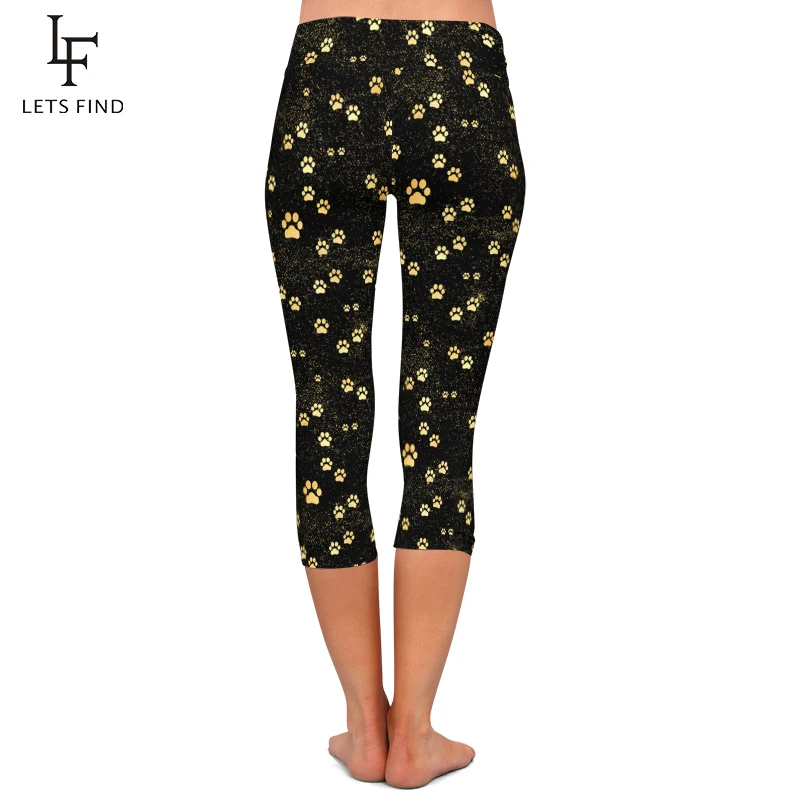 Women Leggings Elastic Capri Legging Dog Paw Printed Pants High Waist  Mid-Calf 3/4 Stretch Casual Leggings Fou Summer