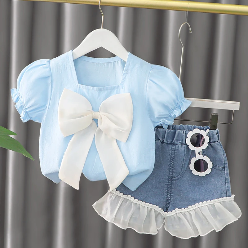 Girls Summer Short Sleeve suit new fashion baby girl big bow top denim shorts 2-piece suit 0-4-year-old baby out clothing baby clothing set essentials