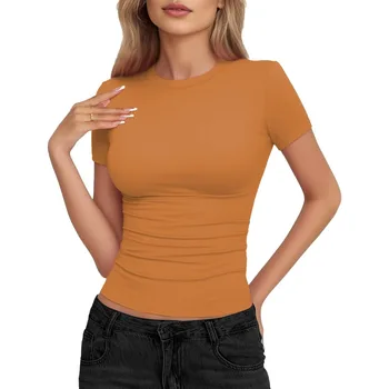 Womens Basic Short Sleeve Crew Neck T Shirt Slim Fit Tees Summer 2025 Y2k Going Out Fitted Top Cute Tight Shirts 1