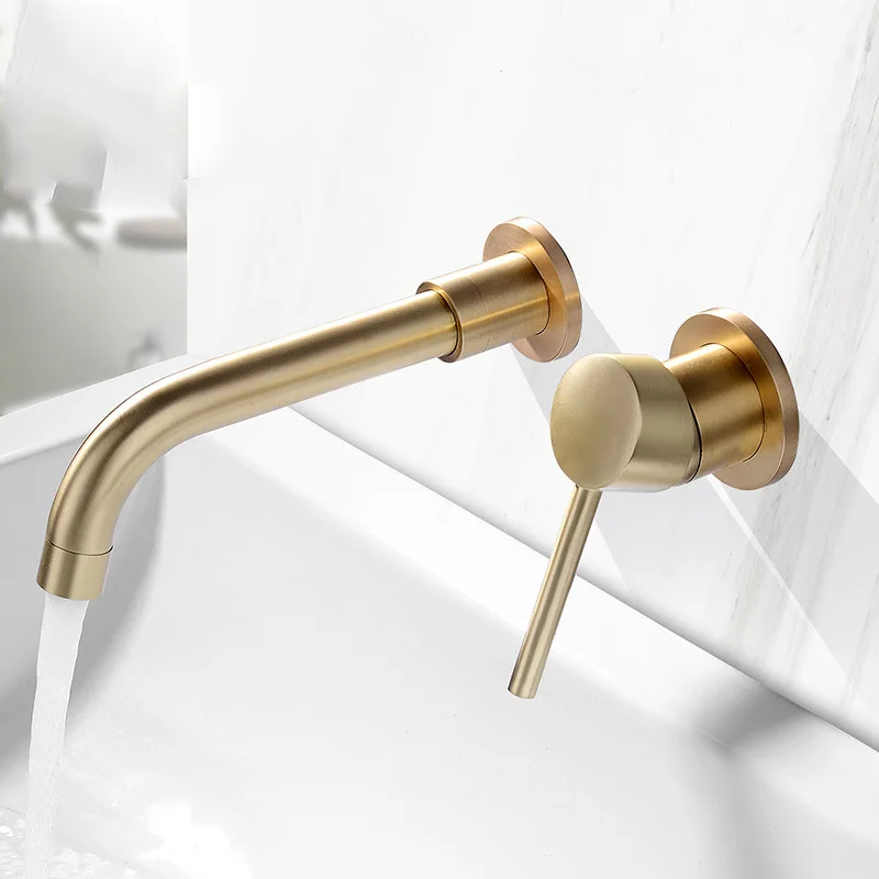 Luxury Brushed Gold Bathroom Basin Faucet Concealed Wall Mounted Vessel Sink Tap 360° Swivel Spout Bathtub Faucet Hot Cold Mixer