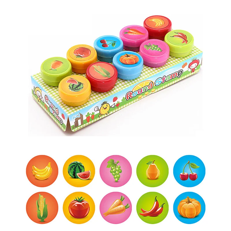 10Pcs/Set Children Stamps Toy Cartoon Animals Dinosaur Fruits Pattern Seal for Kids DIY Painting Toys