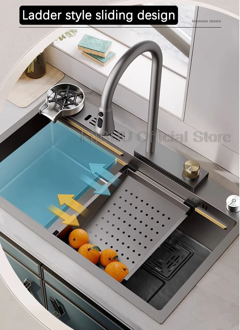 Multifunctional Stainless Kitchen Sink Thickened Handmade Large Vegetable Basin Waterfall Faucet Wash/Cut/Drain in One Full Set - AliExpress 13