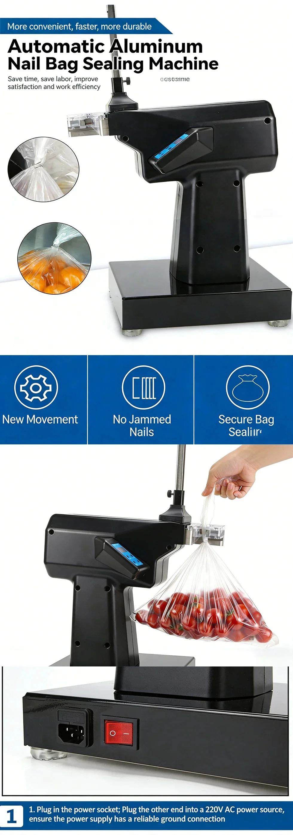 Automatic Bag Sealing Nail Machine Sensor Trigger Anti-Pinch Manual/Auto Dual Mo