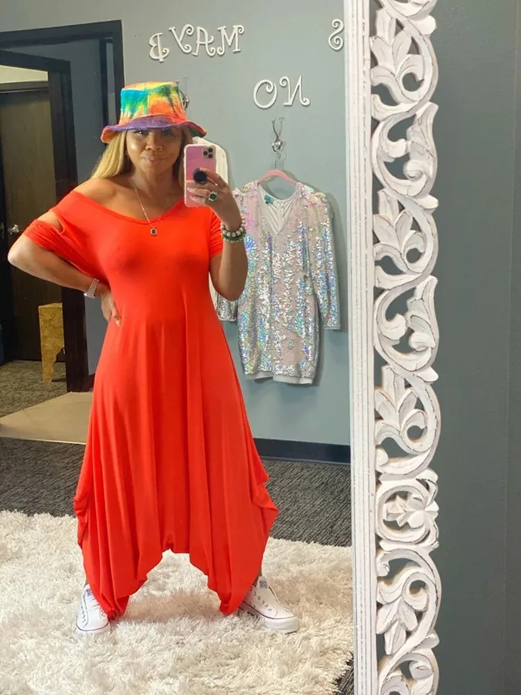 

Y2k Womens Clothing Strapless Summer Club Party Loose Long Jumpsuit Casual Short Sleeves Solid Color One Piece Long Harem Pants