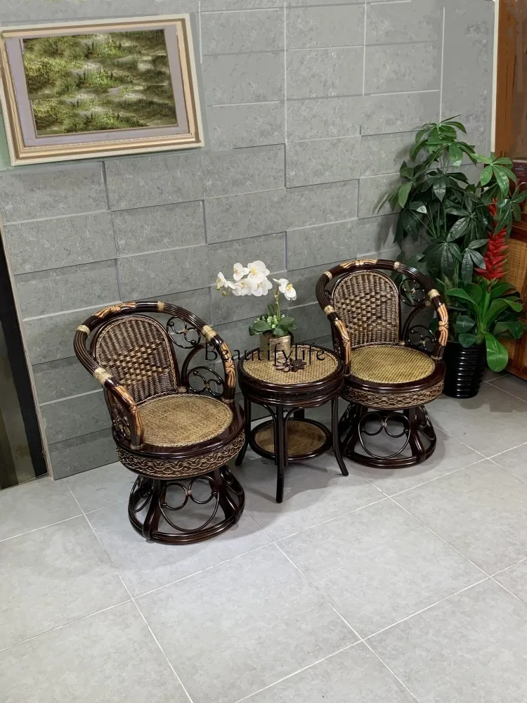 

Retro Pure Rattan Rotating Rattan Chair Three-Piece Woven Backrest Leisure Old-Fashioned Rattan Chair