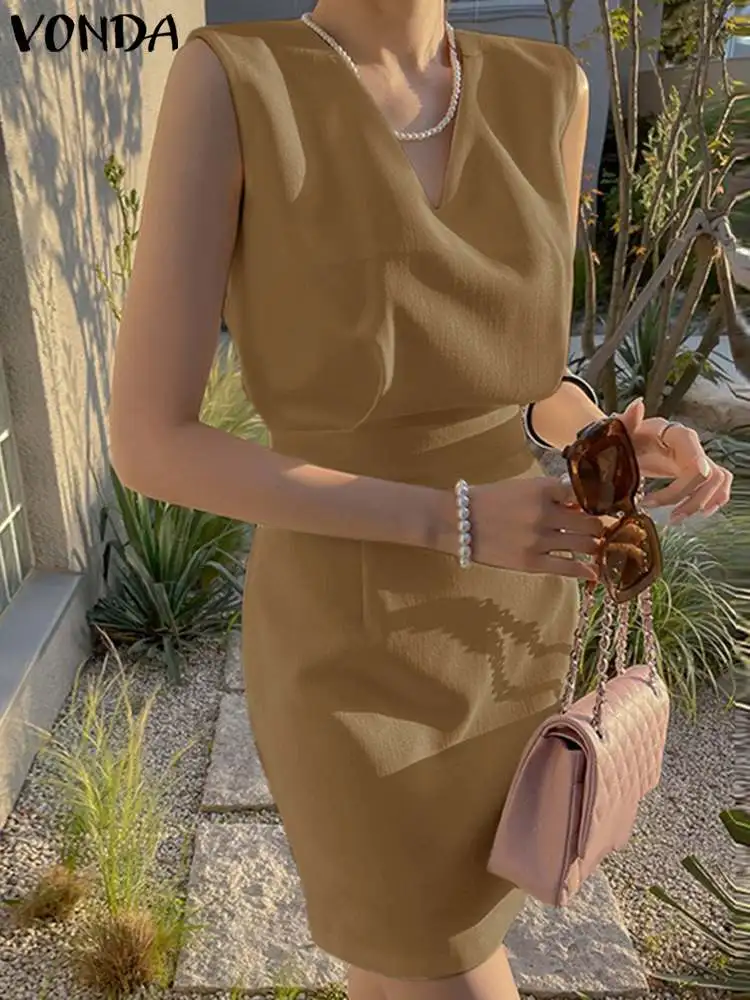 

VONDA Women Sleeveless Solid Color Mini Dress 2023 Summer V-neck Casual Sexy Sundress Elegant Loose Streetwear Vestidos Robe