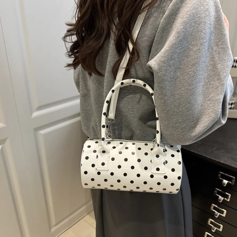Mini Borsa Retrò a Pois con Tracolla Staccabile in Pelle Verniciata Lucida, Versatile Borsa a Cilindro da Spalla, Borsa a Tracolla da Donna