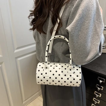Mini Borsa Retrò a Pois con Tracolla Staccabile in Pelle Verniciata Lucida, Versatile Borsa a Cilindro da Spalla, Borsa a Tracolla da Donna
