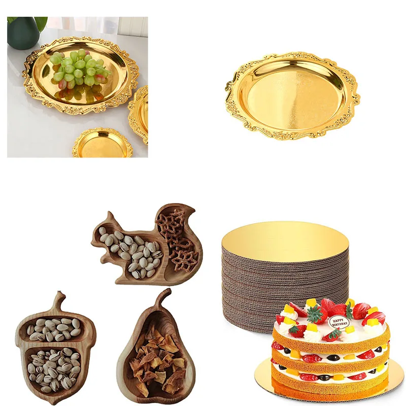 Golden Decorative Serving Trays Elegant Snack Plates Fruit Dishes Retro Metal Dessert Trays Wooden Nut Platters Cake Home Decor