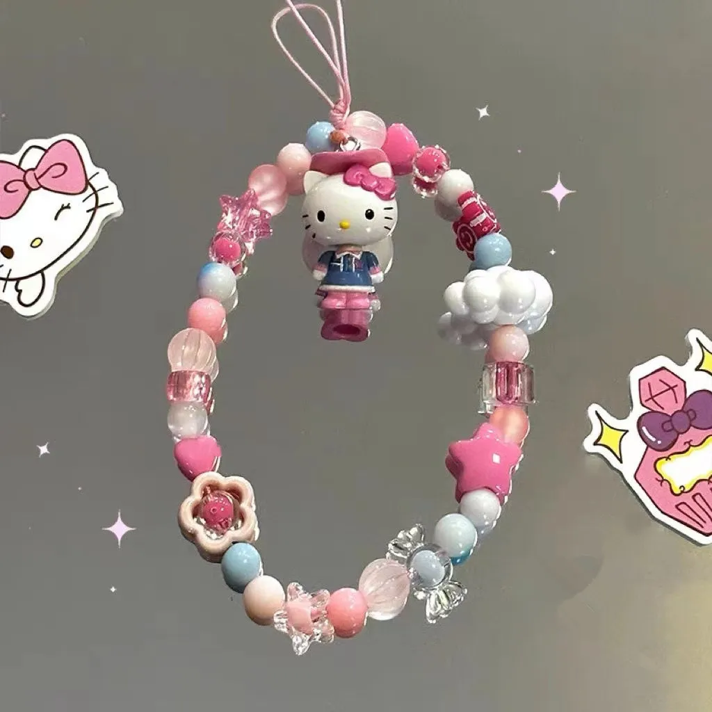 

Sanrio Y2K Cute Kawii Cartoon Hello Kitty Beaded Cell Chain Girl Heart Decorated Hanging Chain Backpack Lanyard Phone Accessorie